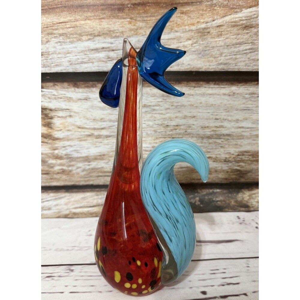 9 1/4" Hand Blown Glass Rooster Italian Style Ornamental Figurine Orange & Blue